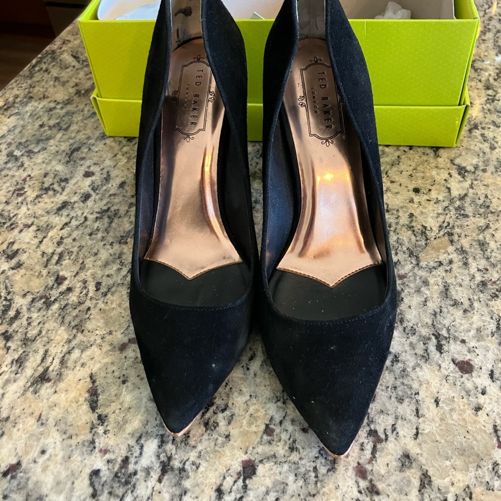 Ted Baker Black Suede Pointed Toe Pumps with Rose Gold Insole